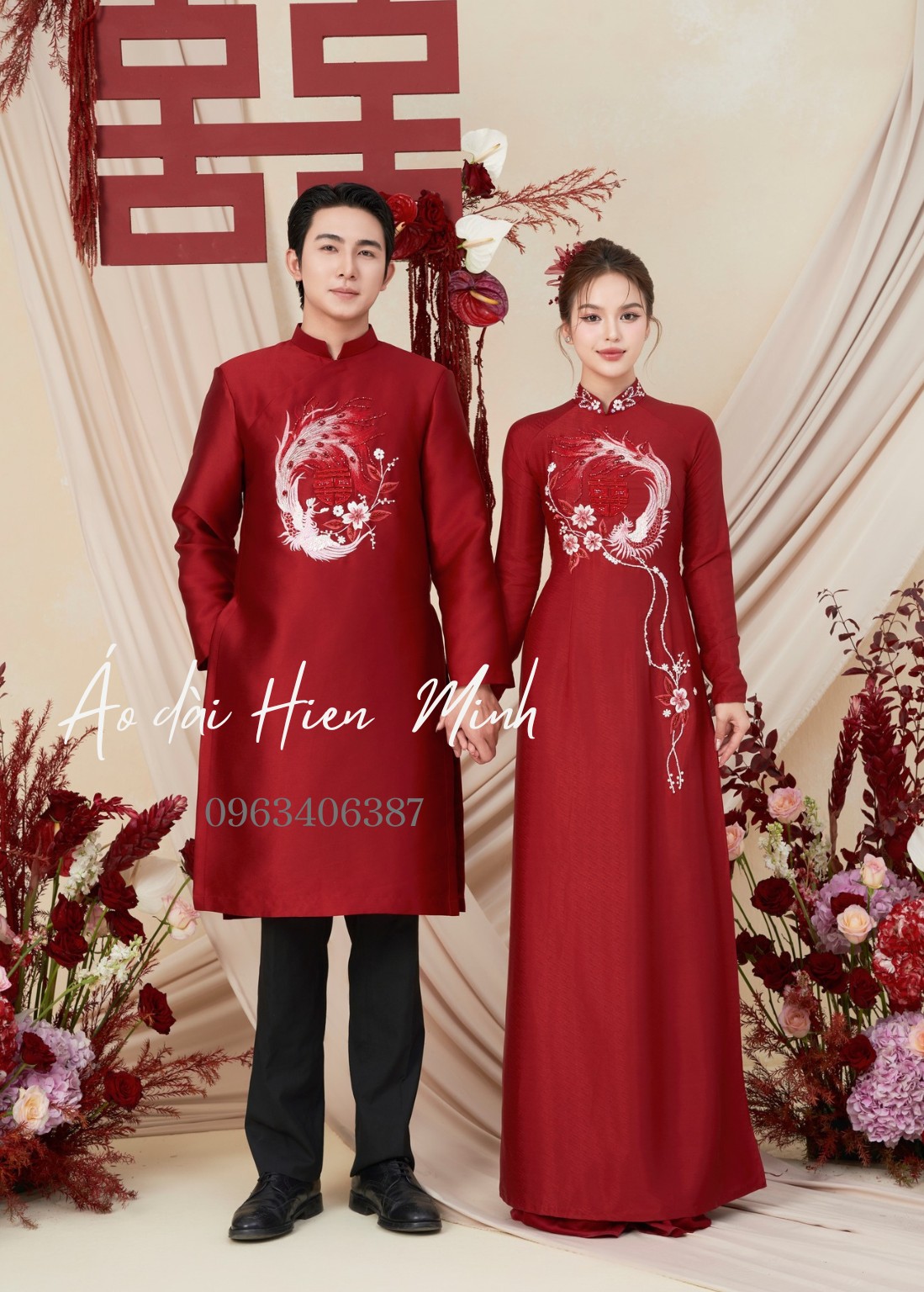 ao dai do hoa tiet chim phuong