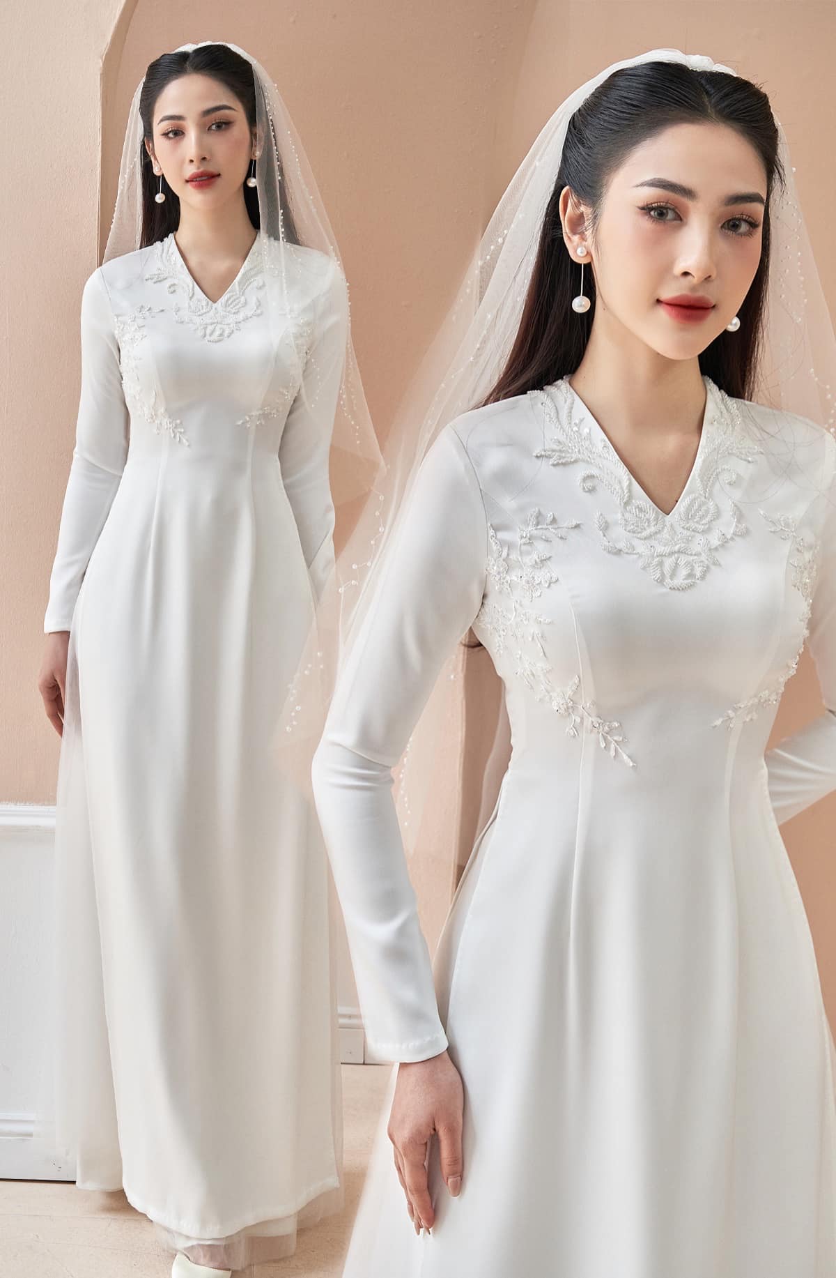 ao dai co dau trang vai lua