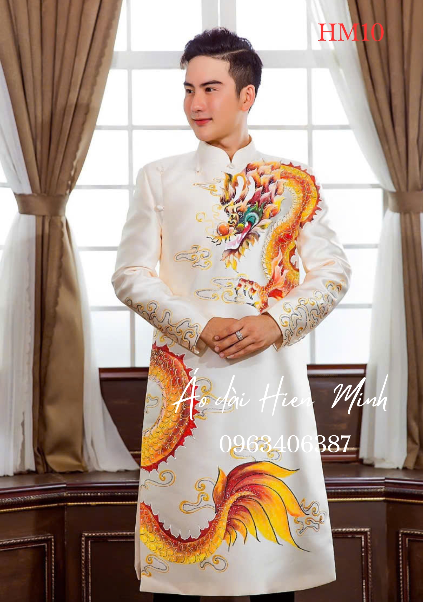 Ao dai nam mau trang hoa tiet rong