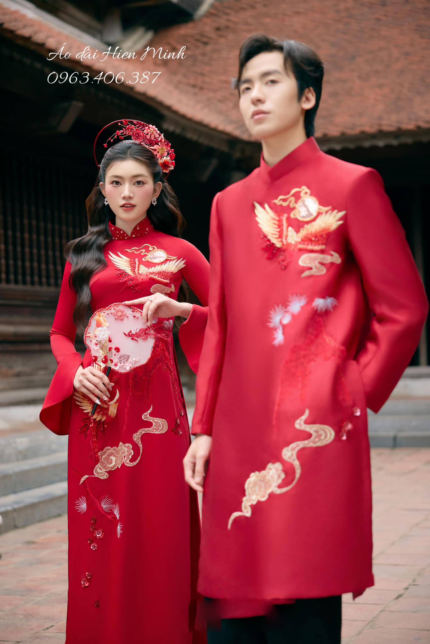 &Aacute;o D&agrave;i Cưới Đ&ocirc;i M&agrave;u Đỏ Họa Tiết Phượng Ho&agrave;ng