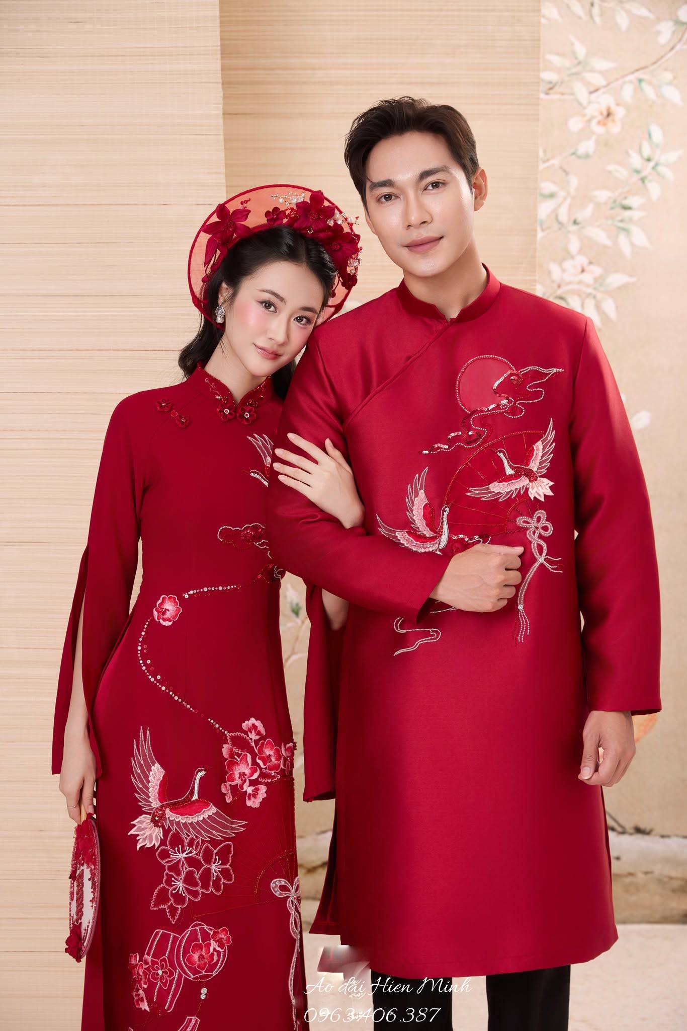 Áo dài cưới đôi màu đỏ chim Hạc thêu cao cấp