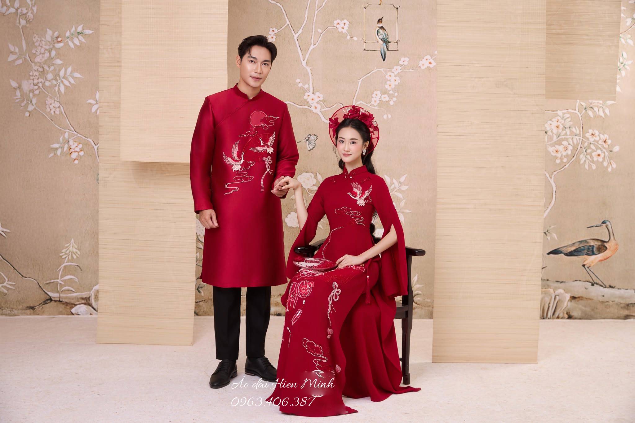 Áo dài cưới đôi màu đỏ chim Hạc thêu cao cấp