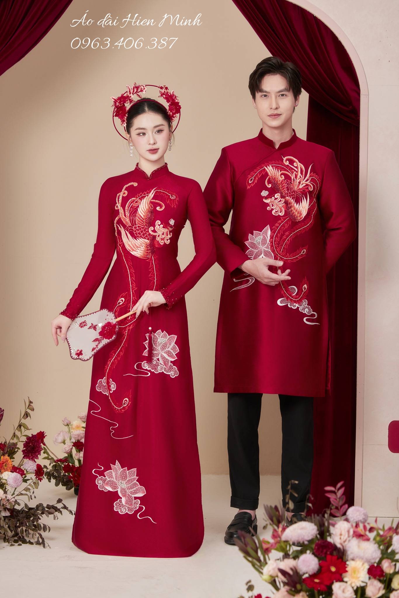 &Aacute;o D&agrave;i Cưới Đ&ocirc;i M&agrave;u Đỏ Phượng Ho&agrave;ng ADC 21