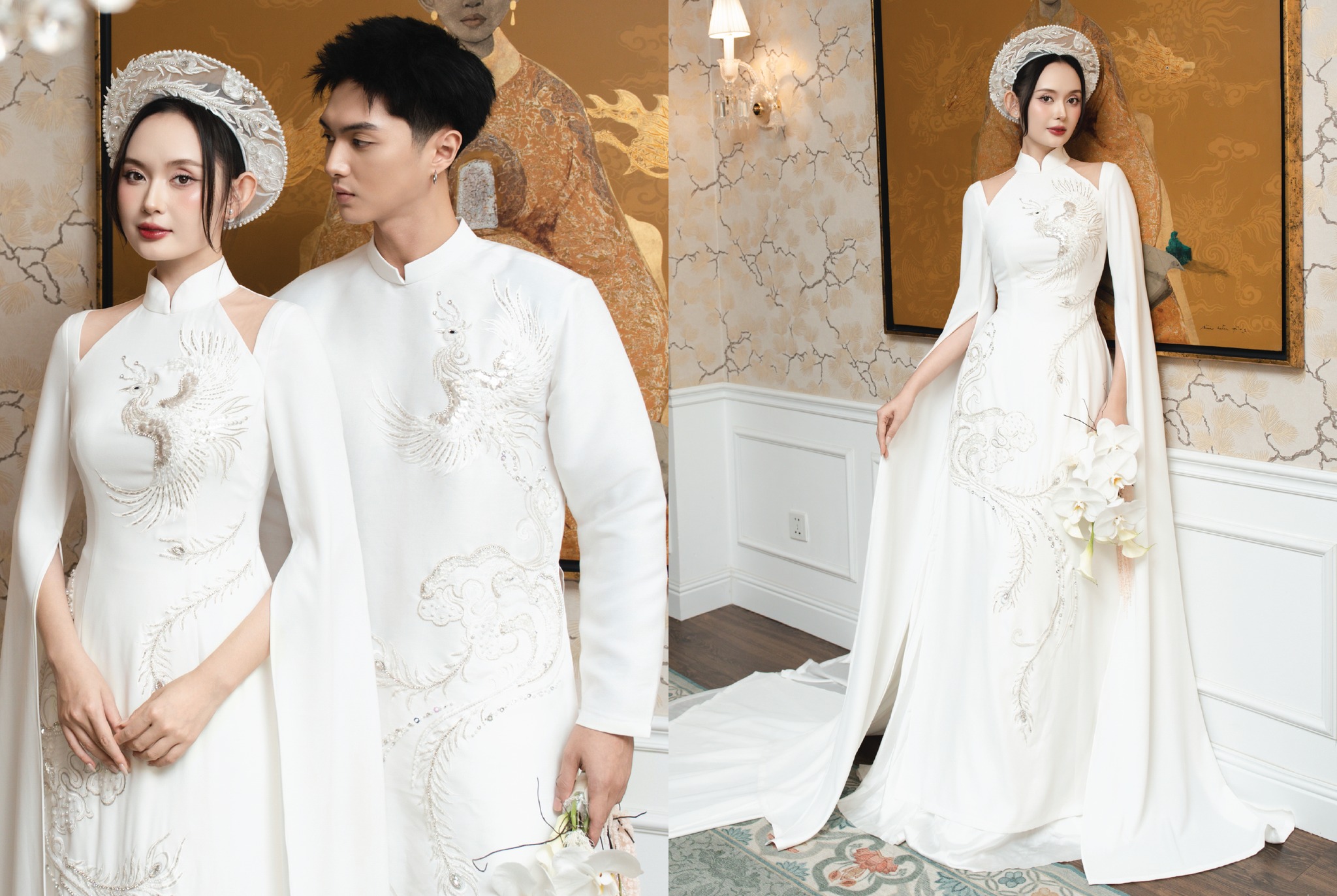 Áo dài cưới đôi màu trắng sang trọng, lộng lẫy