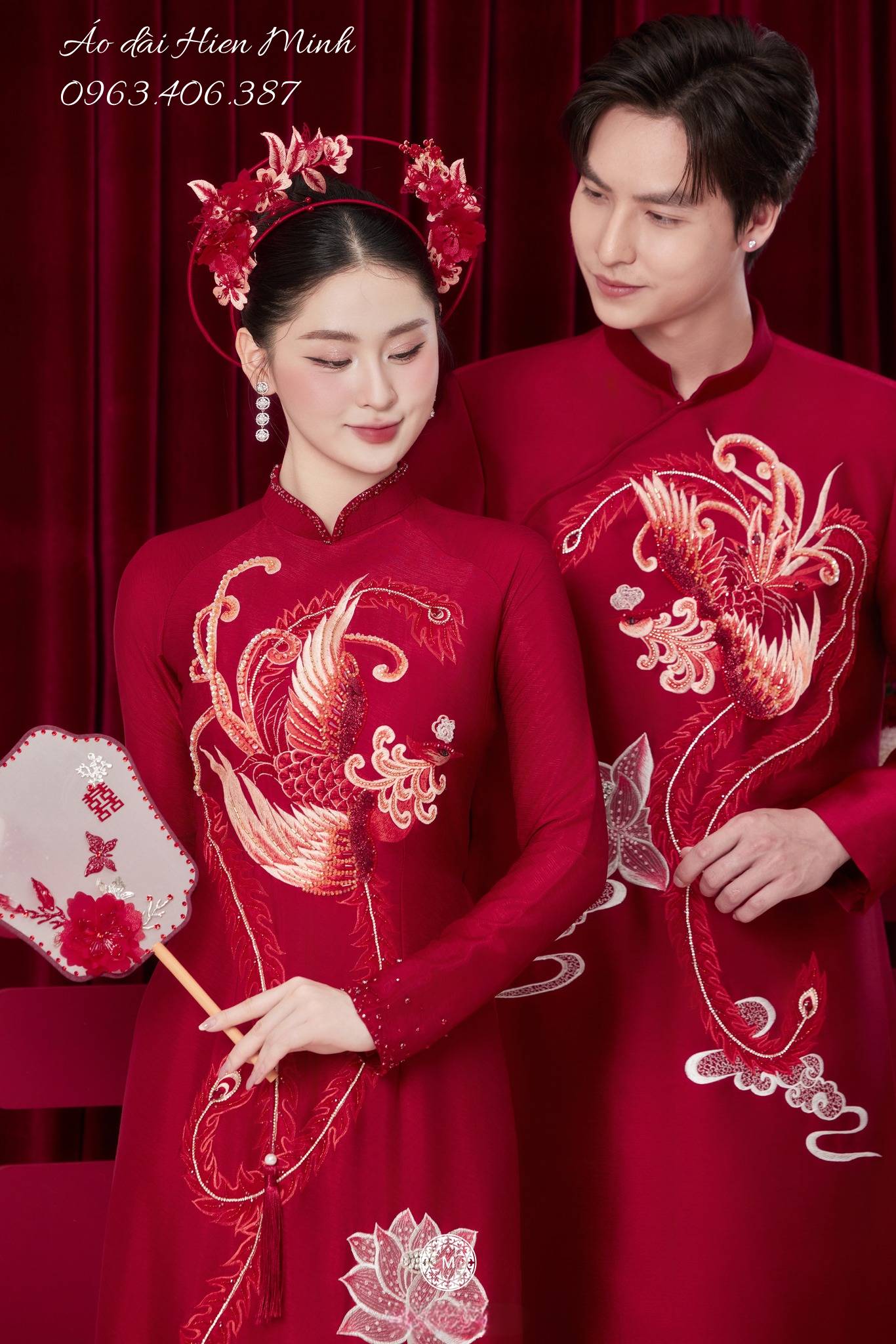 Áo Dài Cưới Đôi Màu Đỏ Phượng Hoàng ADC 21