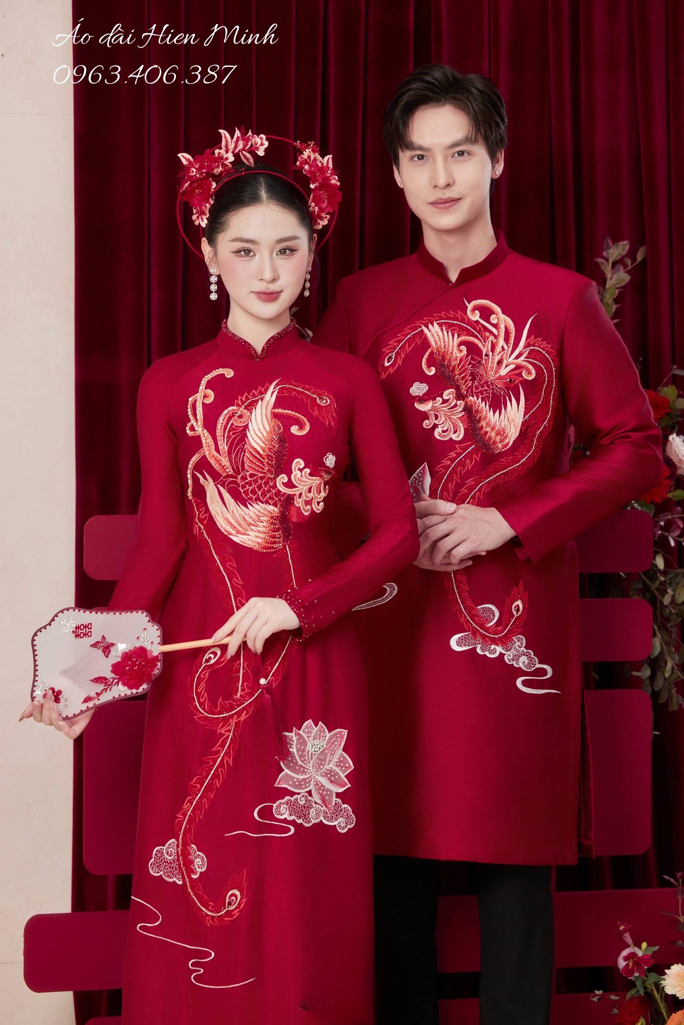 Áo Dài Cưới Đôi Màu Đỏ Phượng Hoàng ADC 21