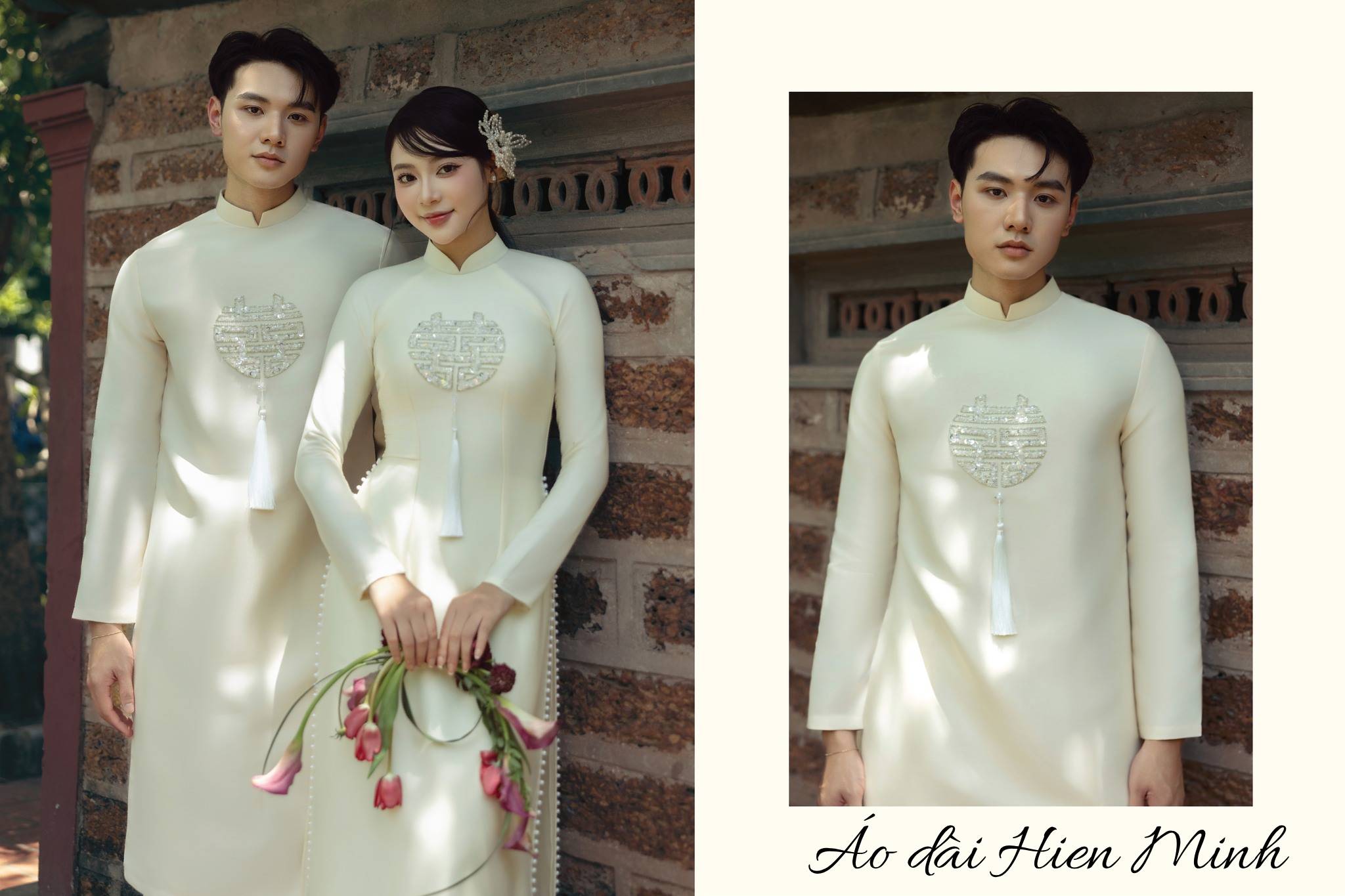 10 ++ Mẫu áo dài cưới đôi màu kem sang trọng thanh lịch cho cô dâu chú rể