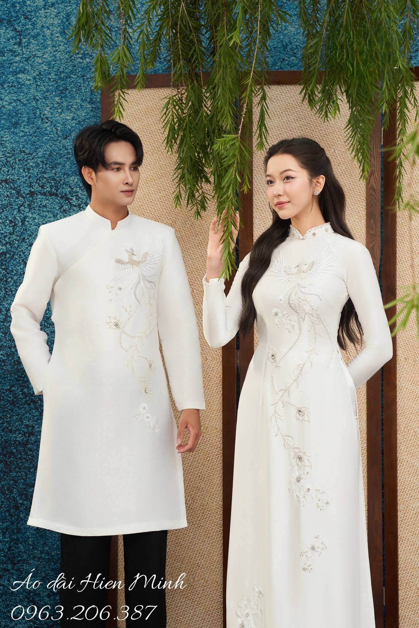 Áo dài cưới đôi màu trắng Phượng thêu cao cấp
