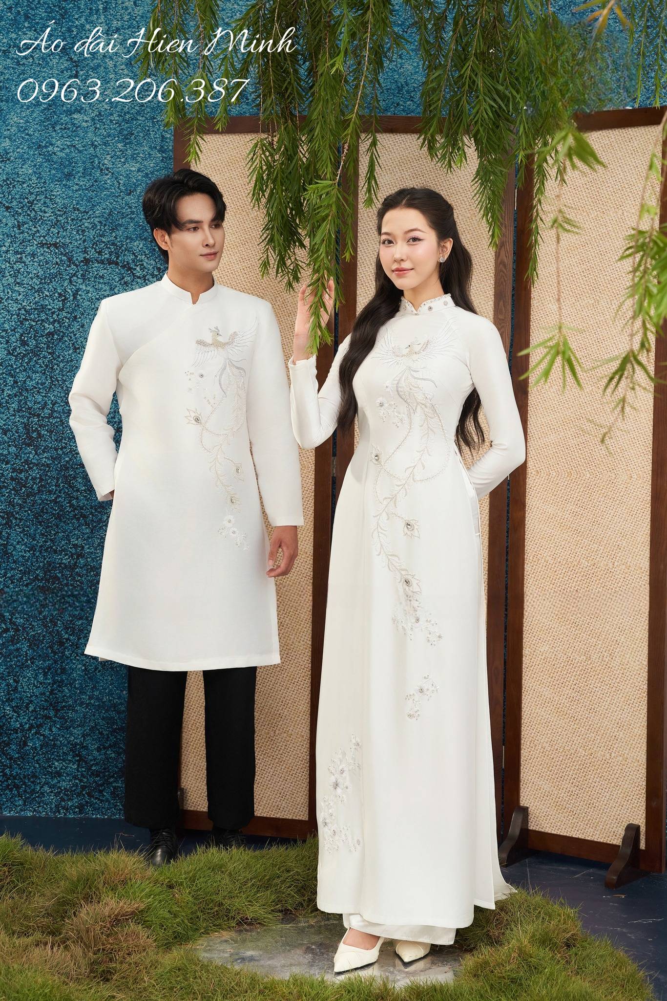 Áo dài cưới đôi màu trắng Phượng thêu cao cấp