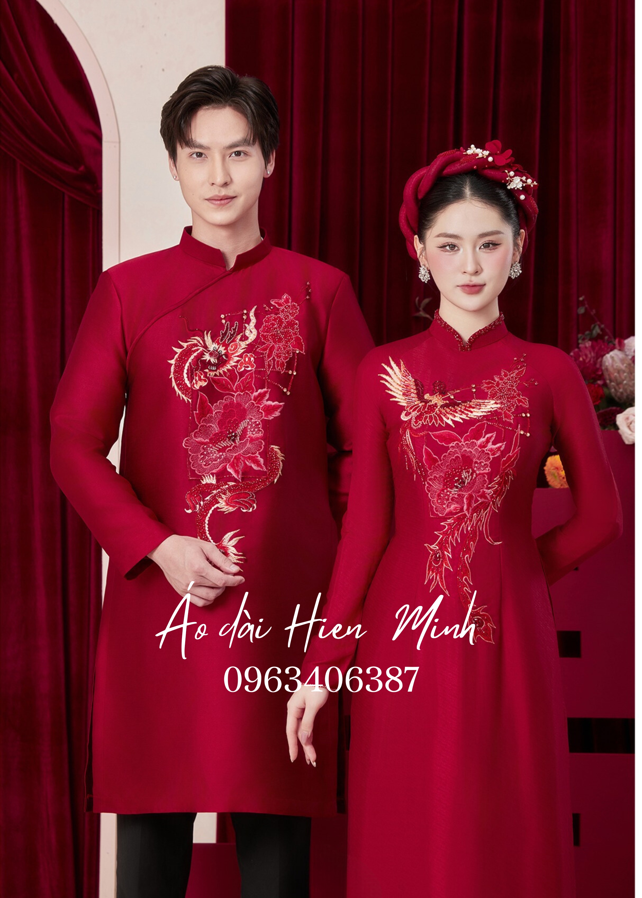 &Aacute;o d&agrave;i cưới  họa tiết Rồng Phượng cao cấp 