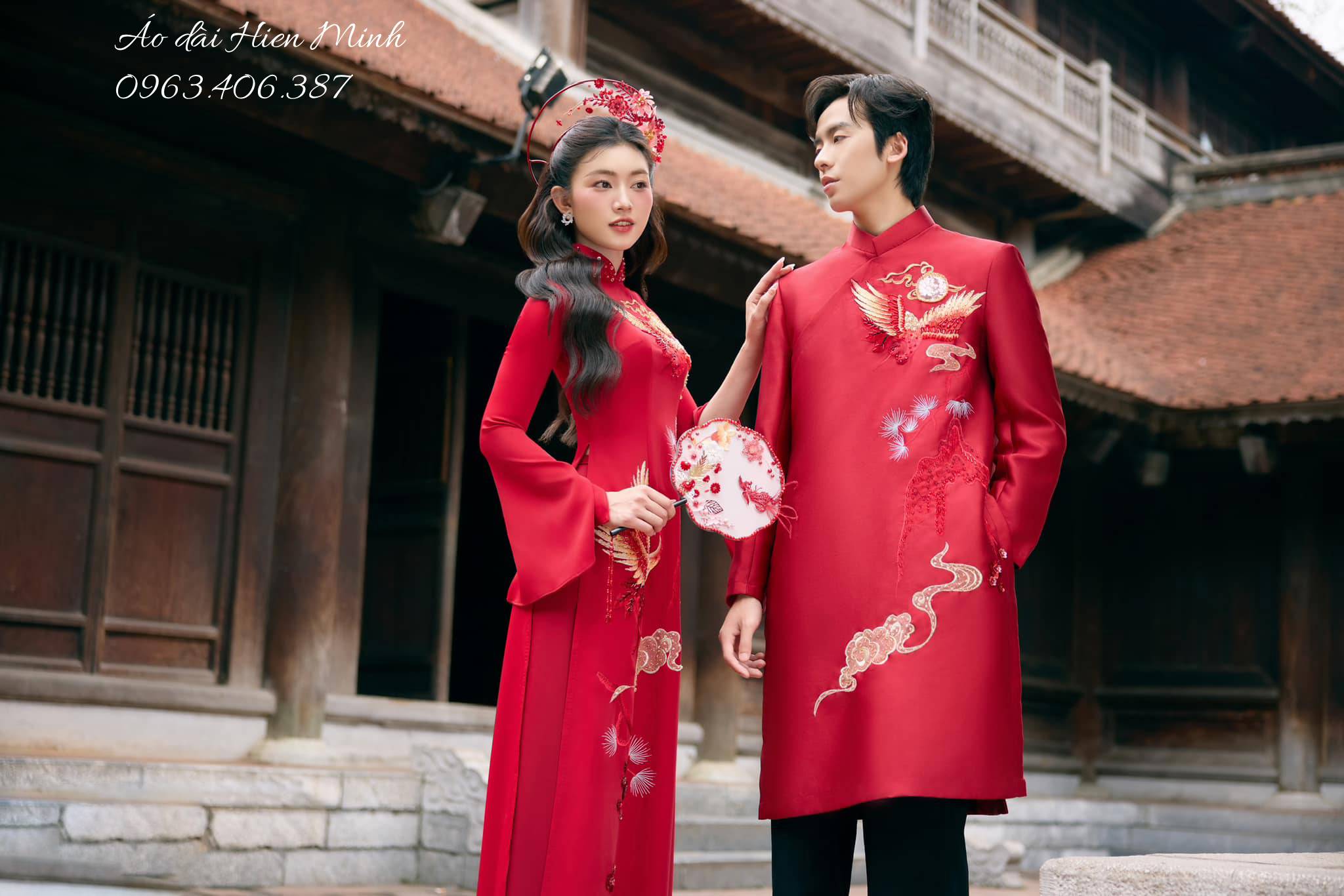 Áo Dài Cưới Đôi Màu Đỏ Họa Tiết Phượng Hoàng