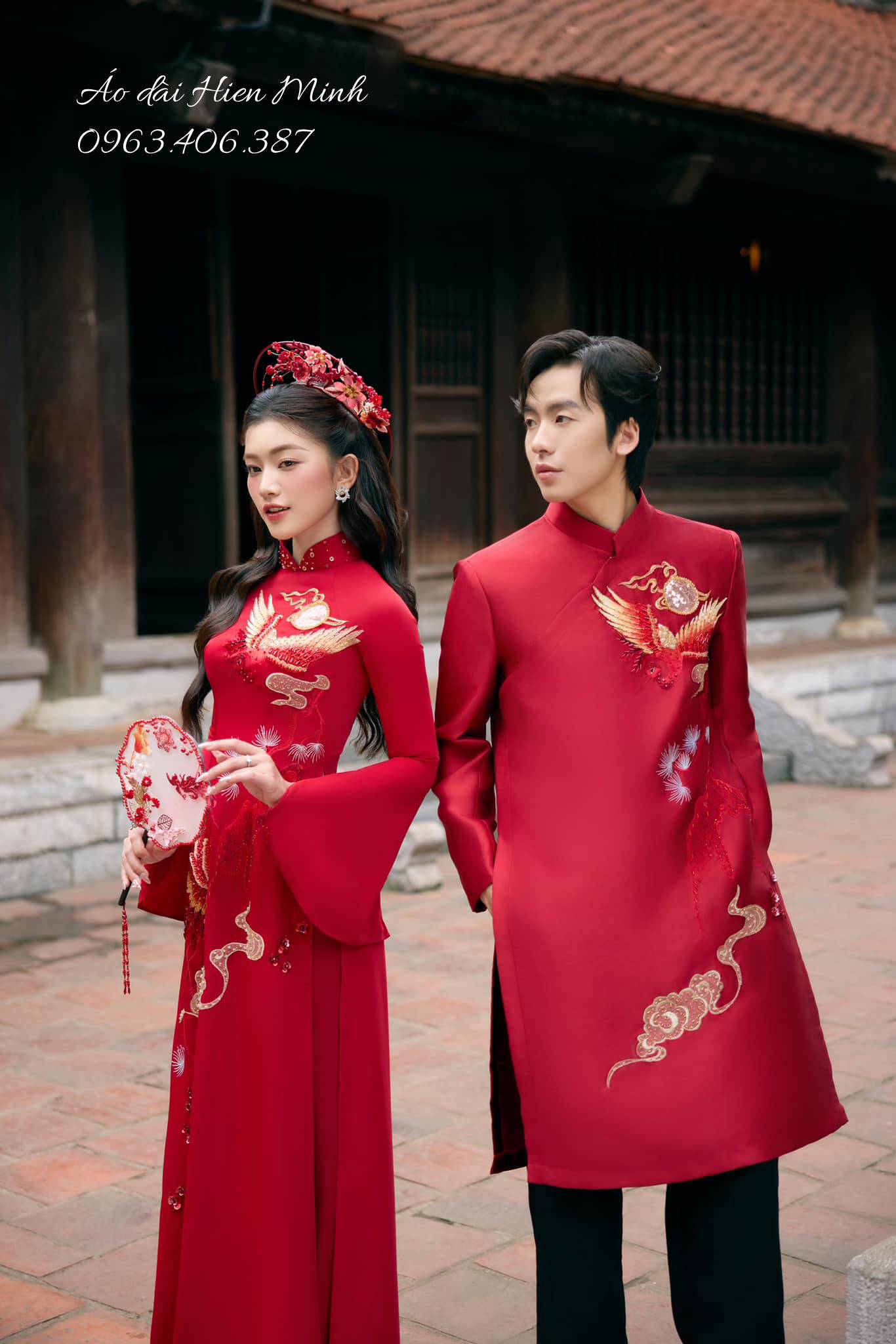 Áo Dài Cưới Đôi Màu Đỏ Họa Tiết Phượng Hoàng