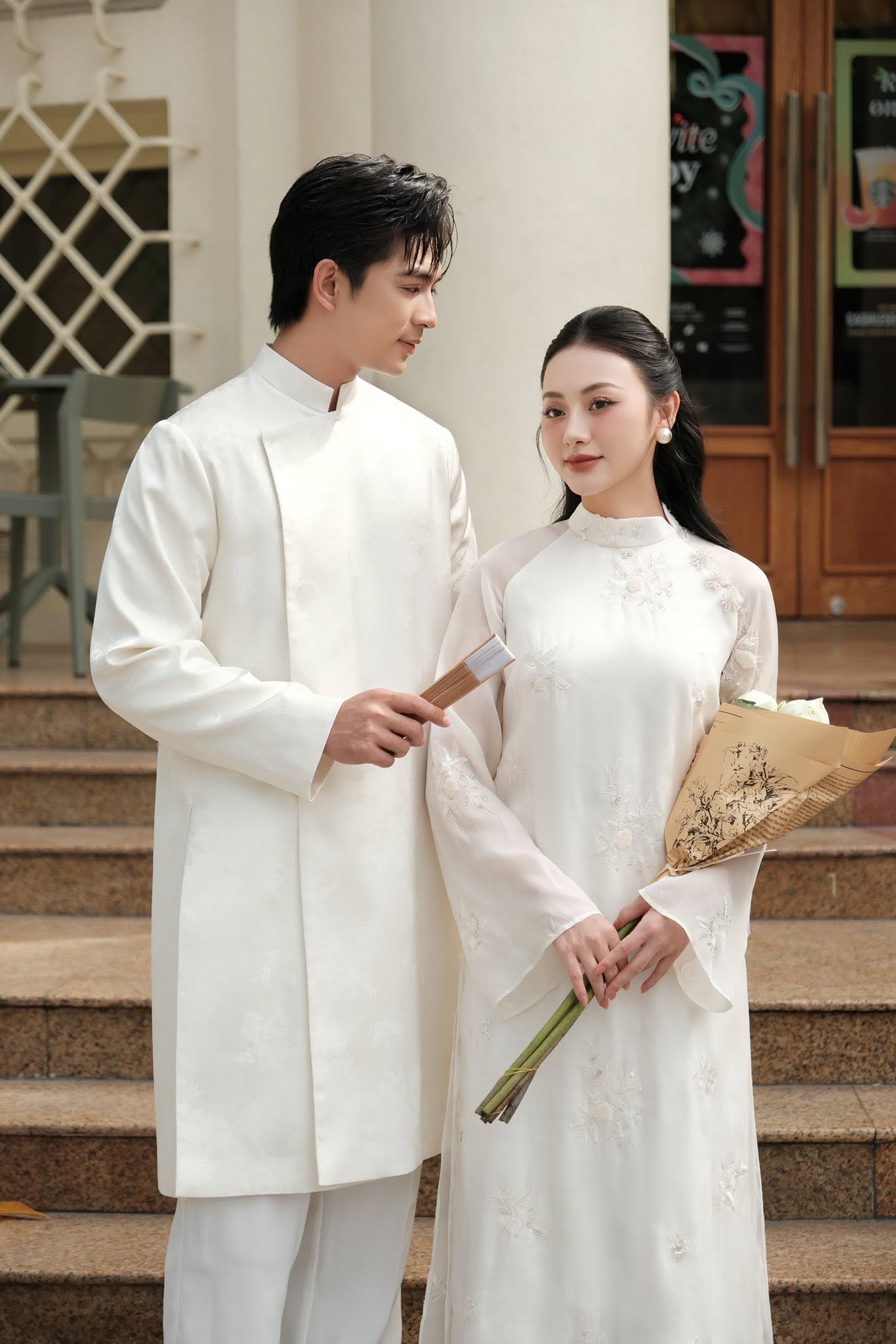 Áo Dài Đôi Trắng Kem Thanh Lịch Sang Trọng