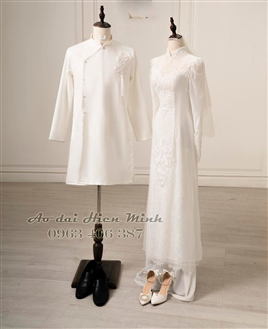 Áo dài cưới đôi màu trắng hoạ tiết  đơn giản