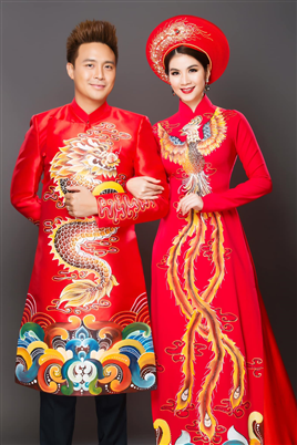 Áo dài cưới màu đỏ hoạ tiết Long -Phụng nổi bật