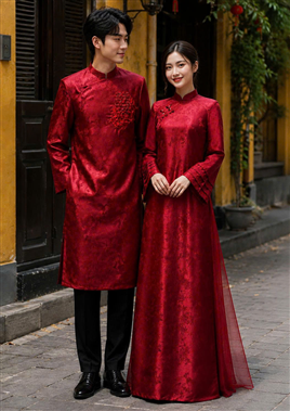 Áo dài cặp đôi màu đỏ nam nữ chất liệu vải gấm