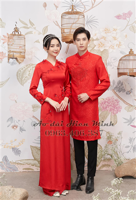 Áo dài cưới cặp đôi màu đỏ họa tiết kết hạt nhẹ nh