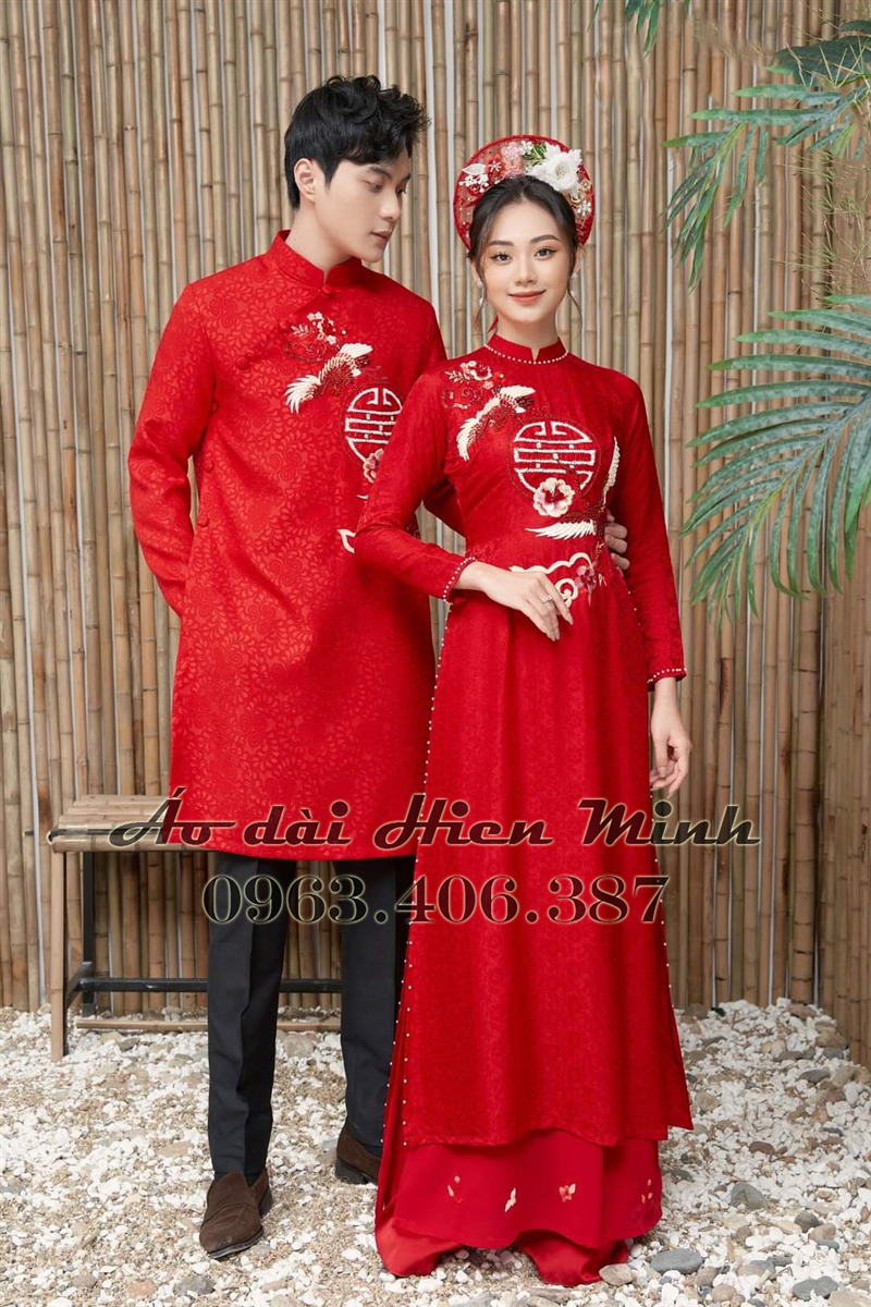 Áo dài cưới cặp đôi màu đỏ họa tiết uyên ương