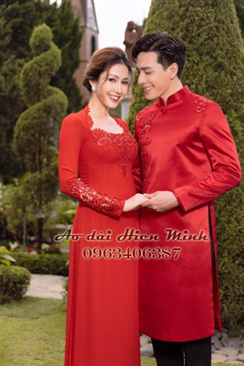 Áo dài cưới cặp đôi màu đỏ kết hạt sang trọng