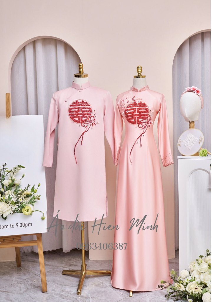 Áo dài cưới cặp đôi màu hồng