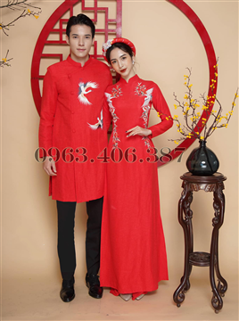 Áo dài cưới cặp màu đỏ họa tiết thêu tay