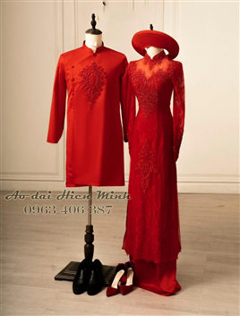 Áo dài cưới cặp màu đỏ phối ren đính hạt nổi bật