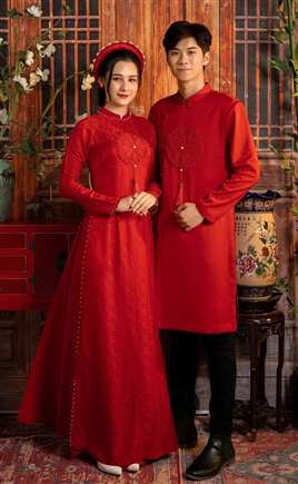 Áo dài cưới cặp màu đỏ vải gấm cao cấp