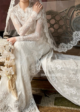 Áo dài cưới dành cho cô dâu màu trắng ren