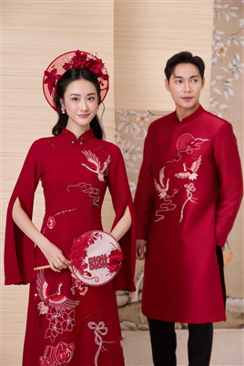 Áo dài cưới đôi màu đỏ chim Hạc thêu cao cấp