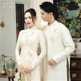 Áo dài cưới đôi màu kem thanh lịch, sang trọng