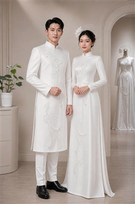 Áo dài cưới màu trắng dành cho cô dâu chú rể HMC42
