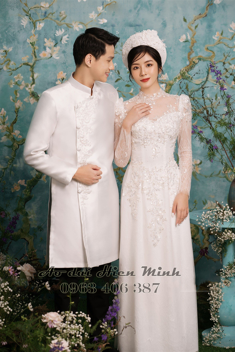 Áo dài cưới trắng cho cô dâu chú rể 2023 - HMC215