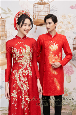 Áo dài cưới truyền thống màu đỏ họa tiết thêu