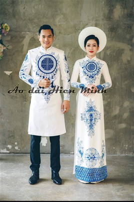 Áo dài cưới truyền thống màu trắng họa tiết thêu