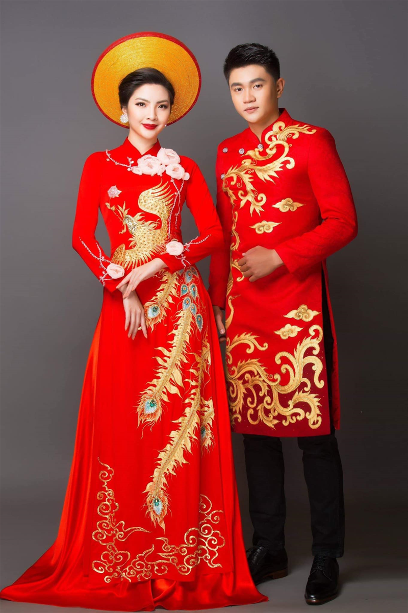 Áo dài cưới tuyền thống màu đỏ chim phụng cao cấp