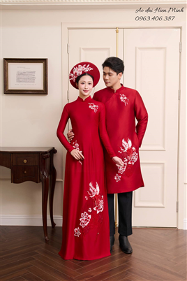 Áo Dài Đôi Màu Đỏ Họa Tiết Hoa Sen Thêu Sang Trọng