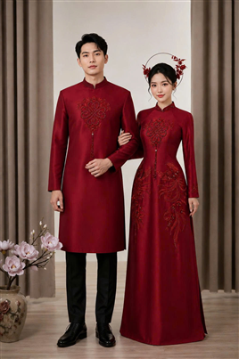 Áo dài đôi màu đỏ hoạ tiết song hỷ - HMC421
