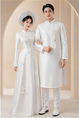 Áo dài đôi nam nữ màu trắng - HMC429