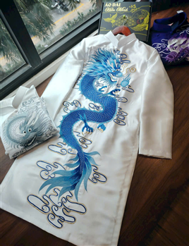 Áo dài nam màu trắng hoạ tiết rồng thêu cao cấp