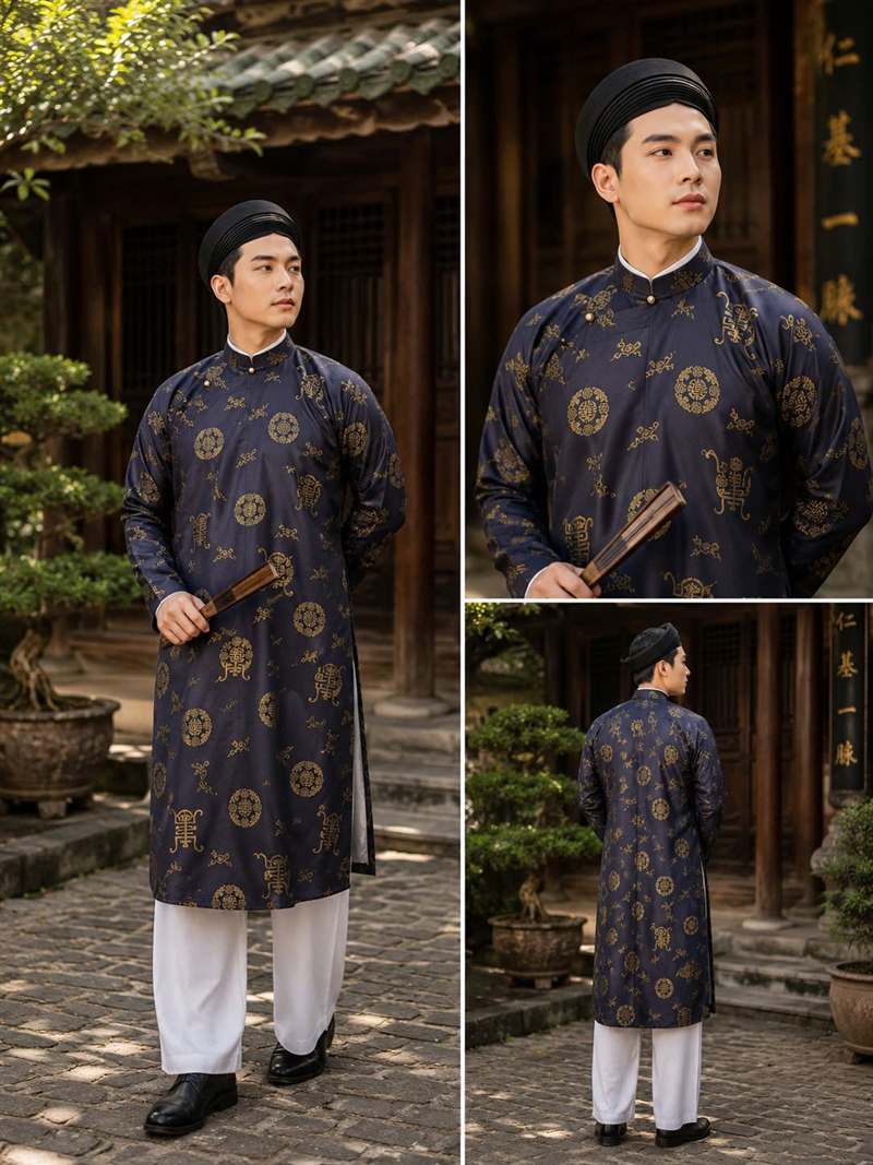 Áo dài ngũ thân vải gấm dành cho nam