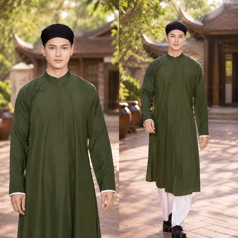 Áo dài ngũ thân xanh rêu